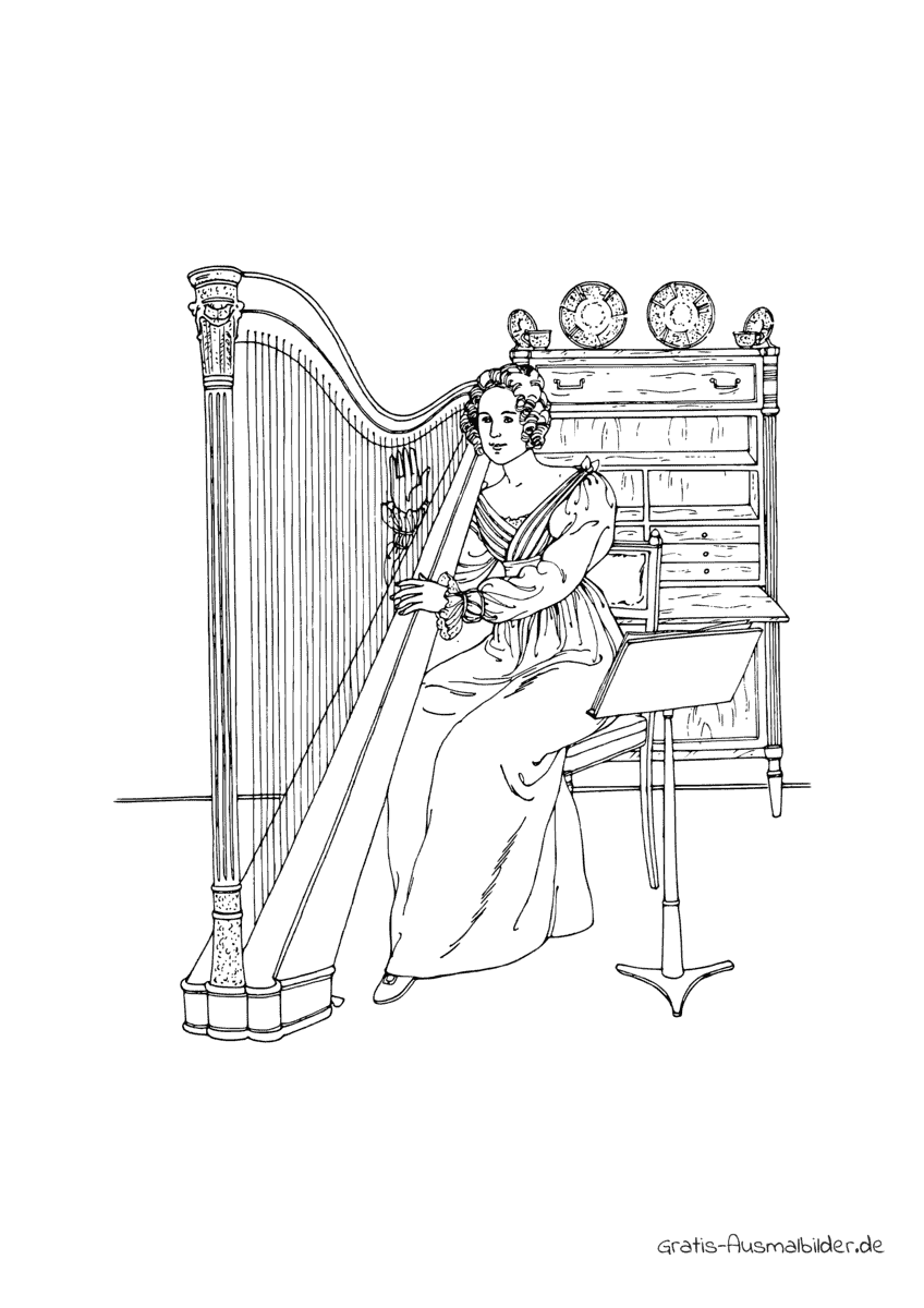 Ausmalbild 1st Lady an der Harfe