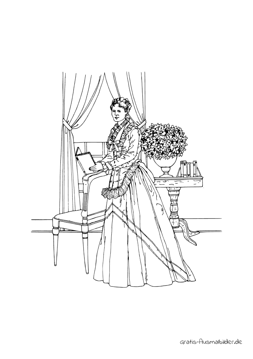 Ausmalbild 1st Lady in Kleid mit Buch