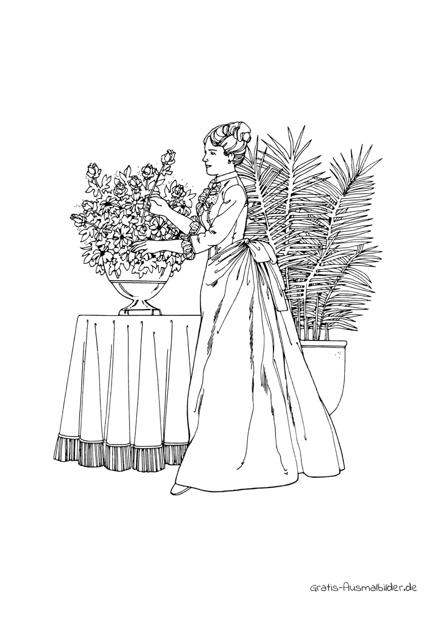 Ausmalbild 1st Lady mit Blumenvase