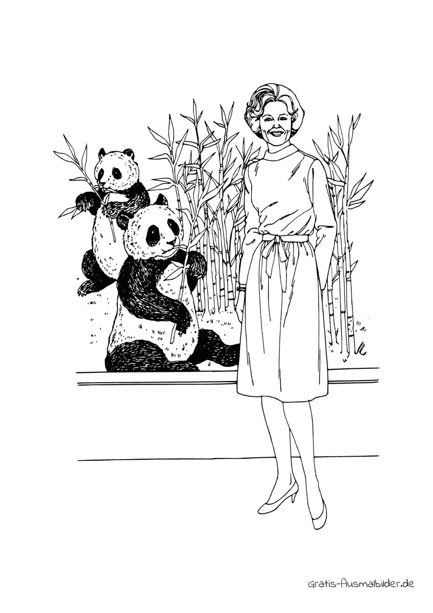 Ausmalbild 1st Lady mit Pandas