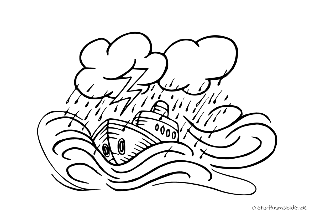 Ausmalbild Kleines Boot im Regen