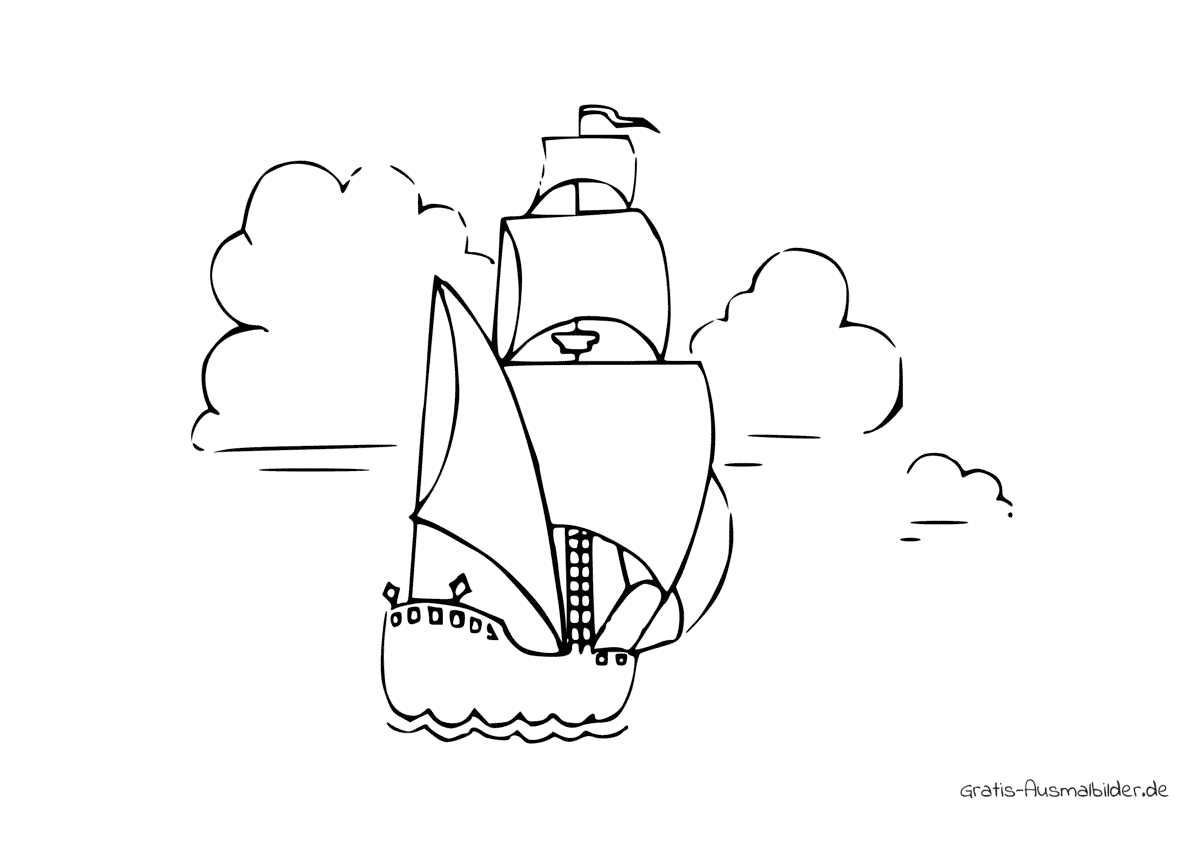 Ausmalbild Segelschiff im Wasser Wolken