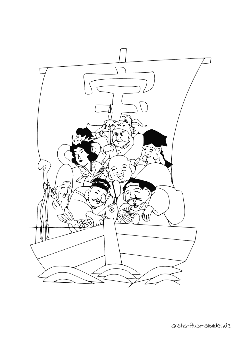 Ausmalbild Viele Chinesen auf einem Boot