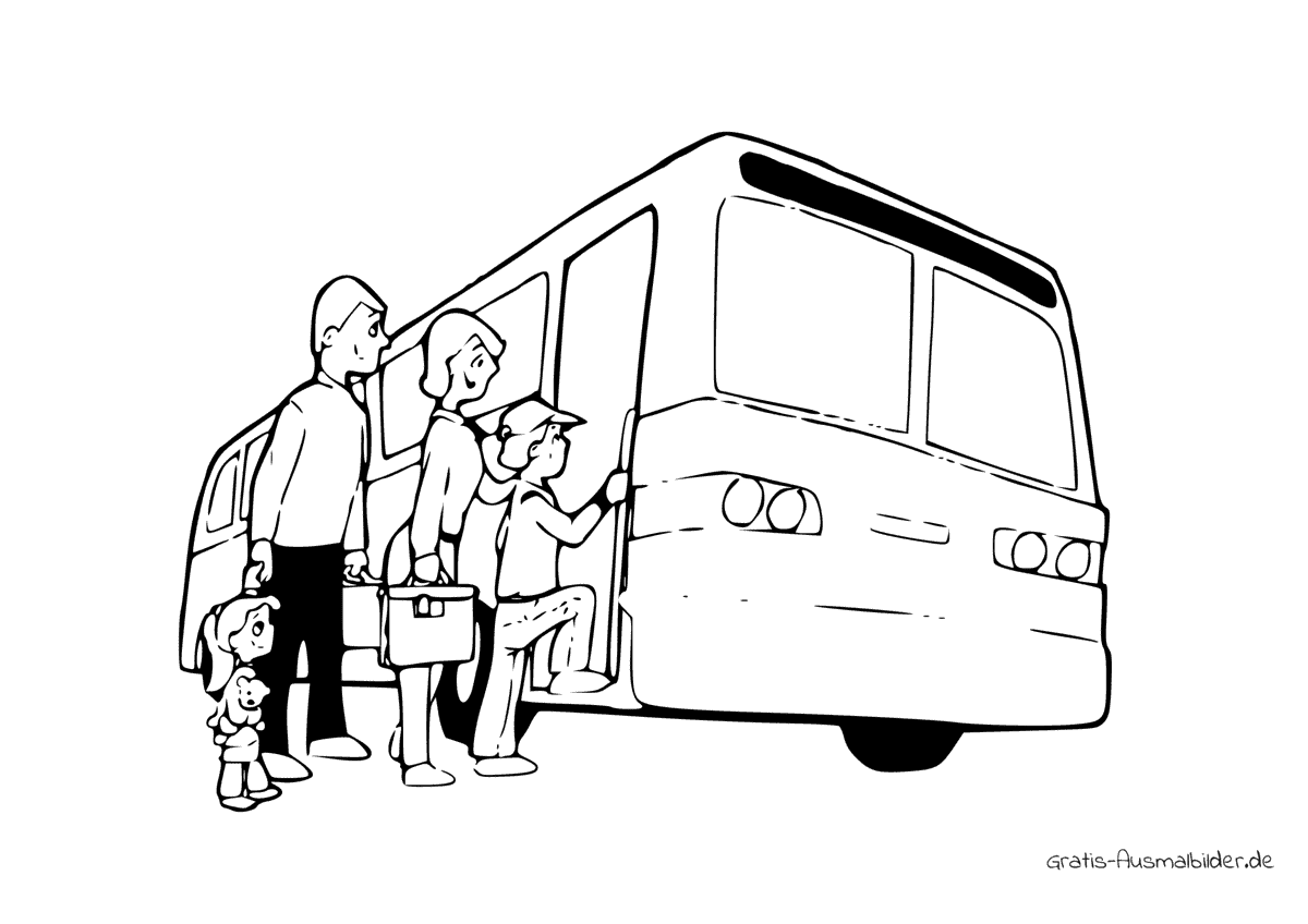 Ausmalbild Familie steig in Bus ein