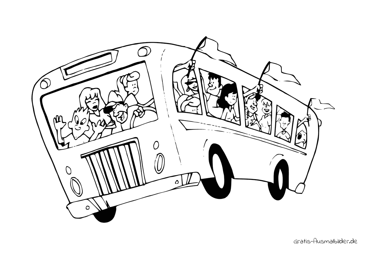 Ausmalbild Schulbus mit vielen Kindern