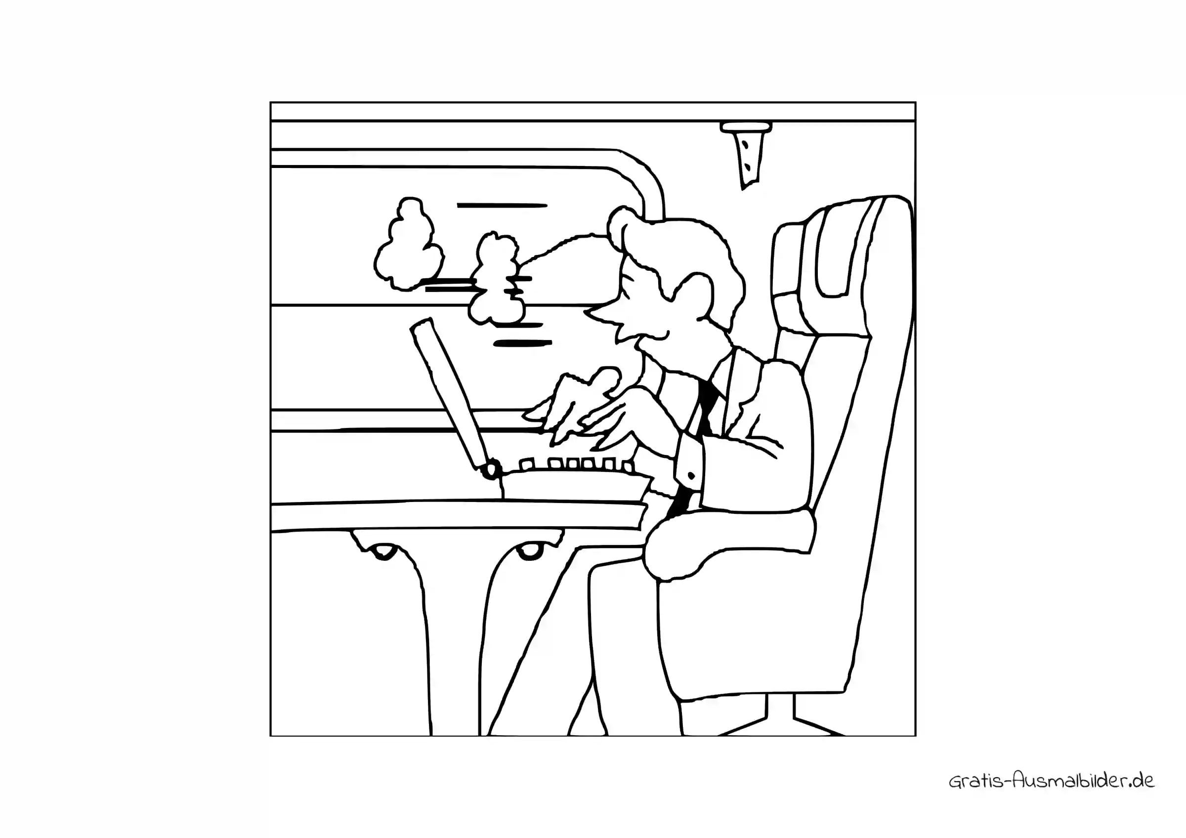 Ausmalbild Mann mit Laptop im Zug