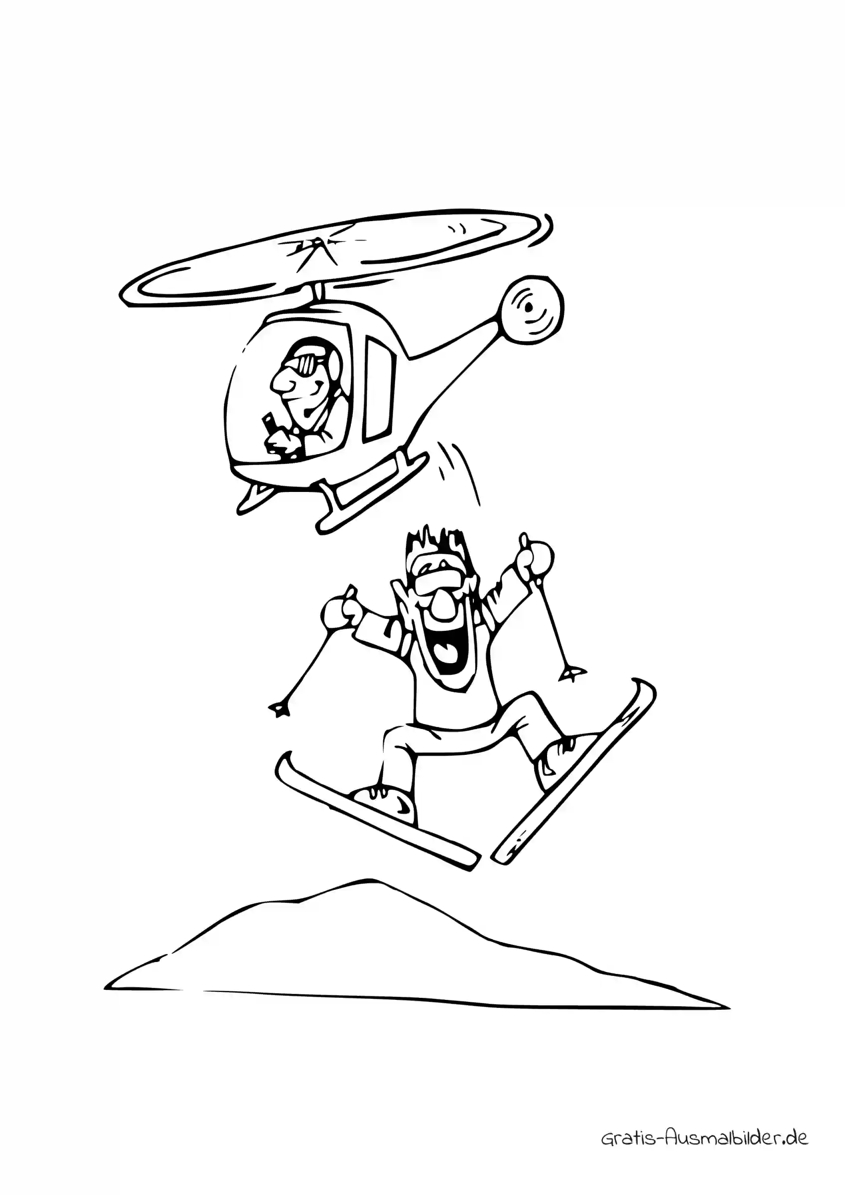 Ausmalbild Skifahrer springt Helikopter