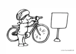 Ausmalbild Fahrradfahrer steht neben Fahrrad und Schild