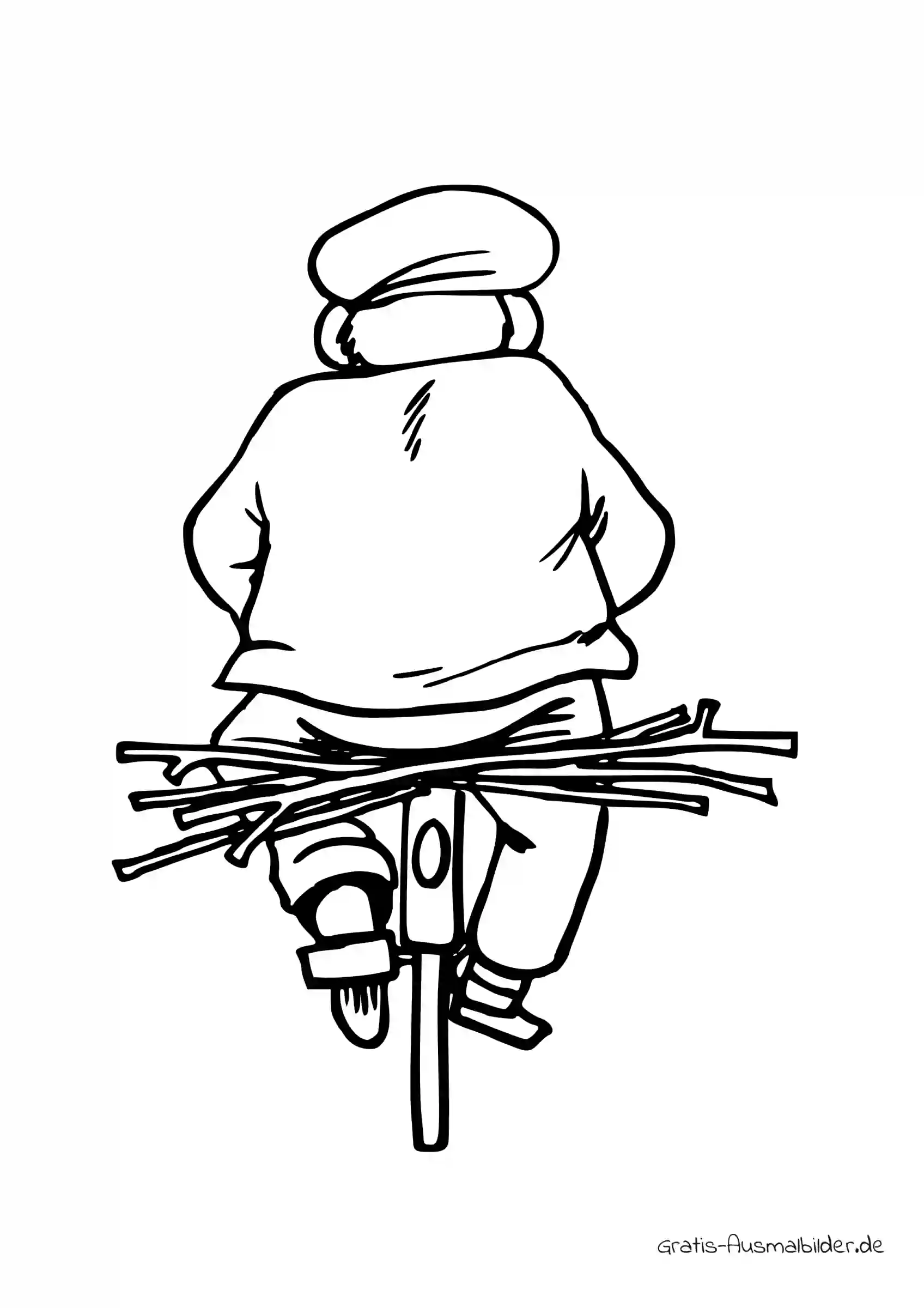 Ausmalbild Mann auf Fahrrad mit Stöckern auf dem Gepäckträger