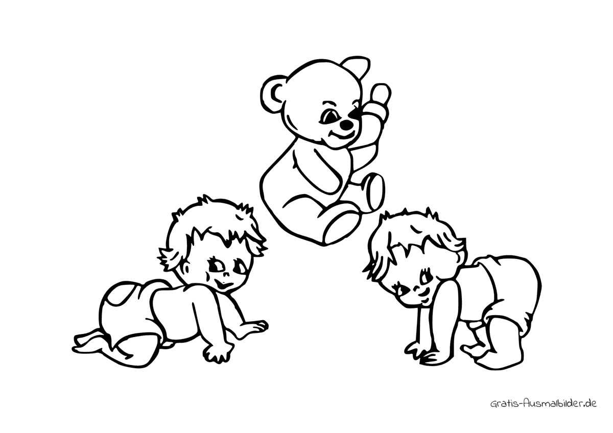 Ausmalbild Babies spielen mit Teddy