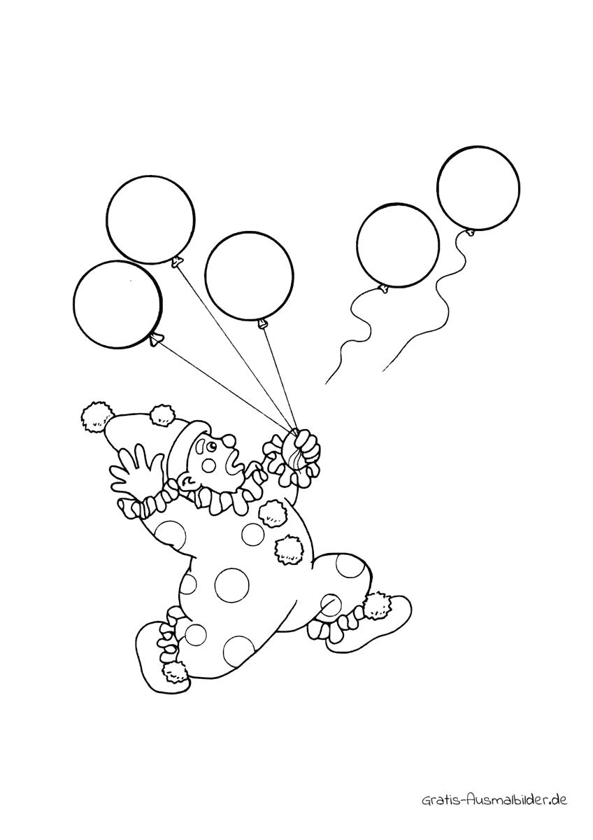 Ausmalbild Clown fliegen Luftballons davon