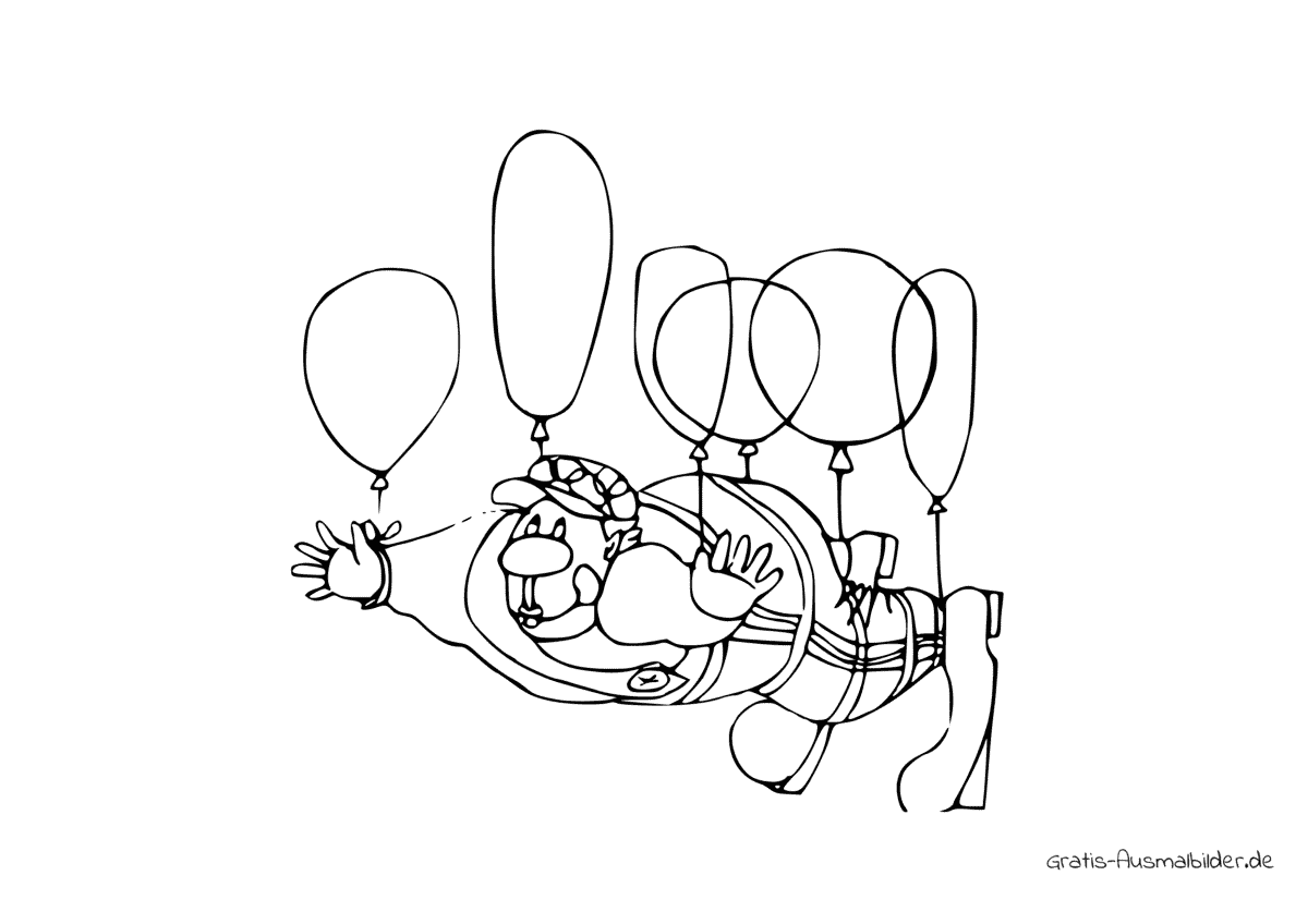 Ausmalbild Clown fliegt mit Luftballons