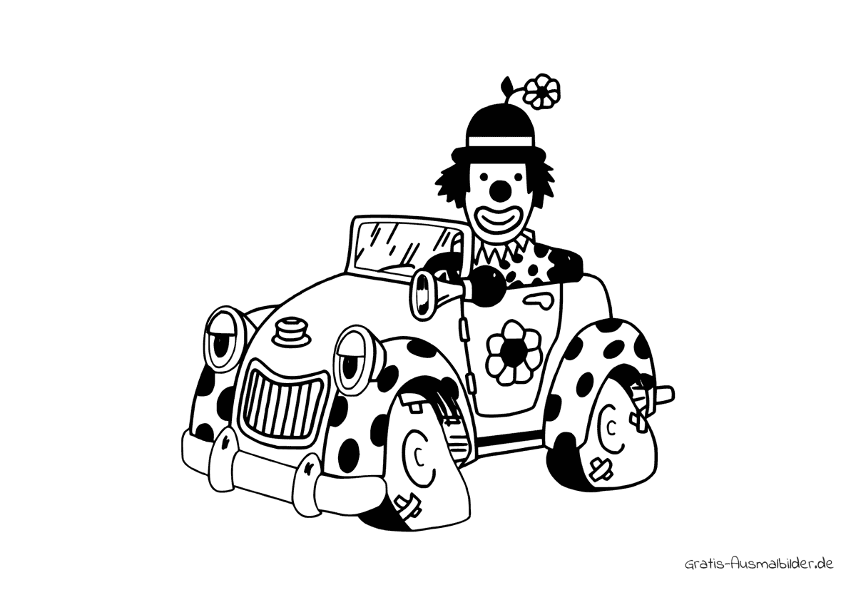 Ausmalbild Clown im Auto dunkel