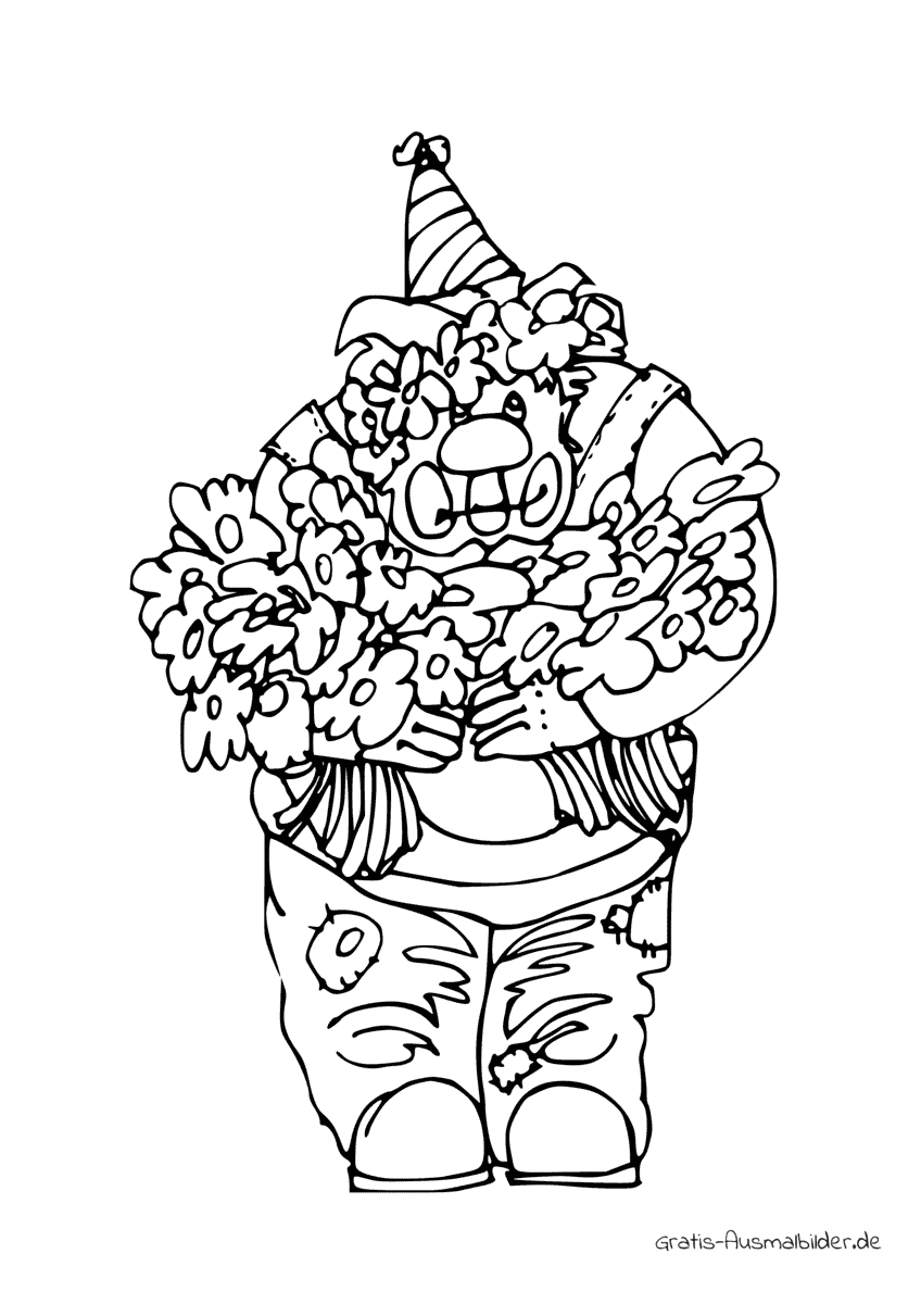 Ausmalbild Clown mit Blumen