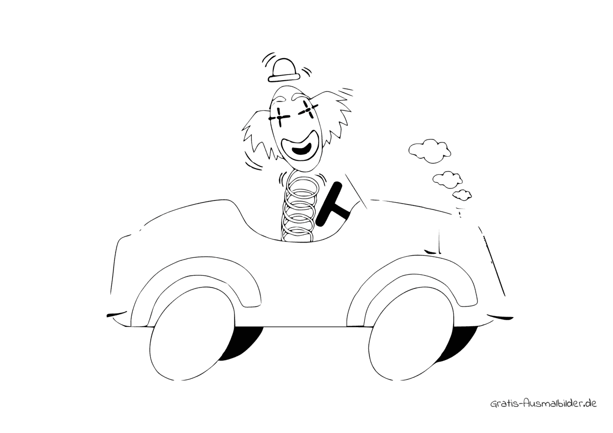 Ausmalbild Clown mit Sprungfeder in einem Auto