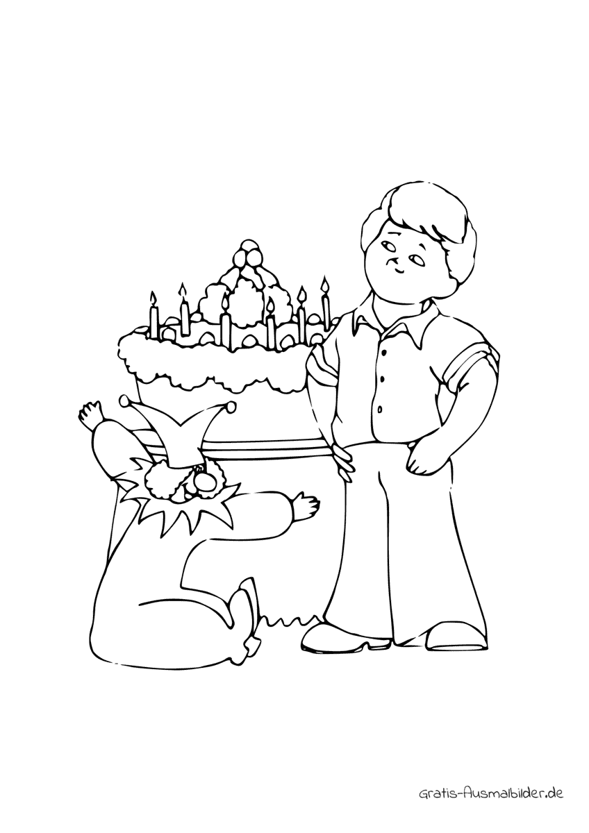 Ausmalbild Junge mit Kuchen und Clown