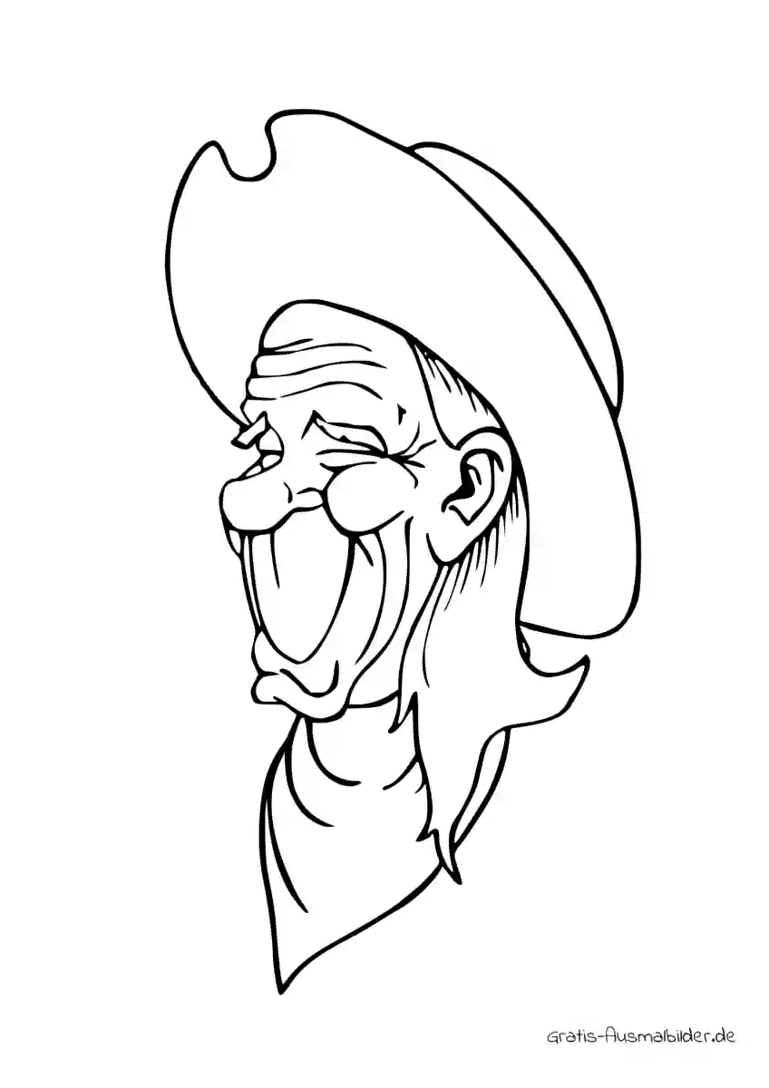 Ausmalbild Alter lachender Cowboy mit Hut