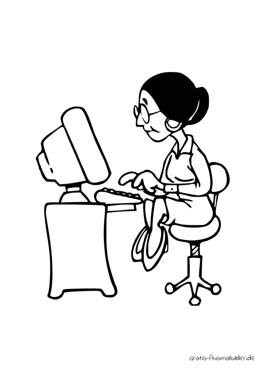 Ausmalbild Indianerfrau vor dem Computer