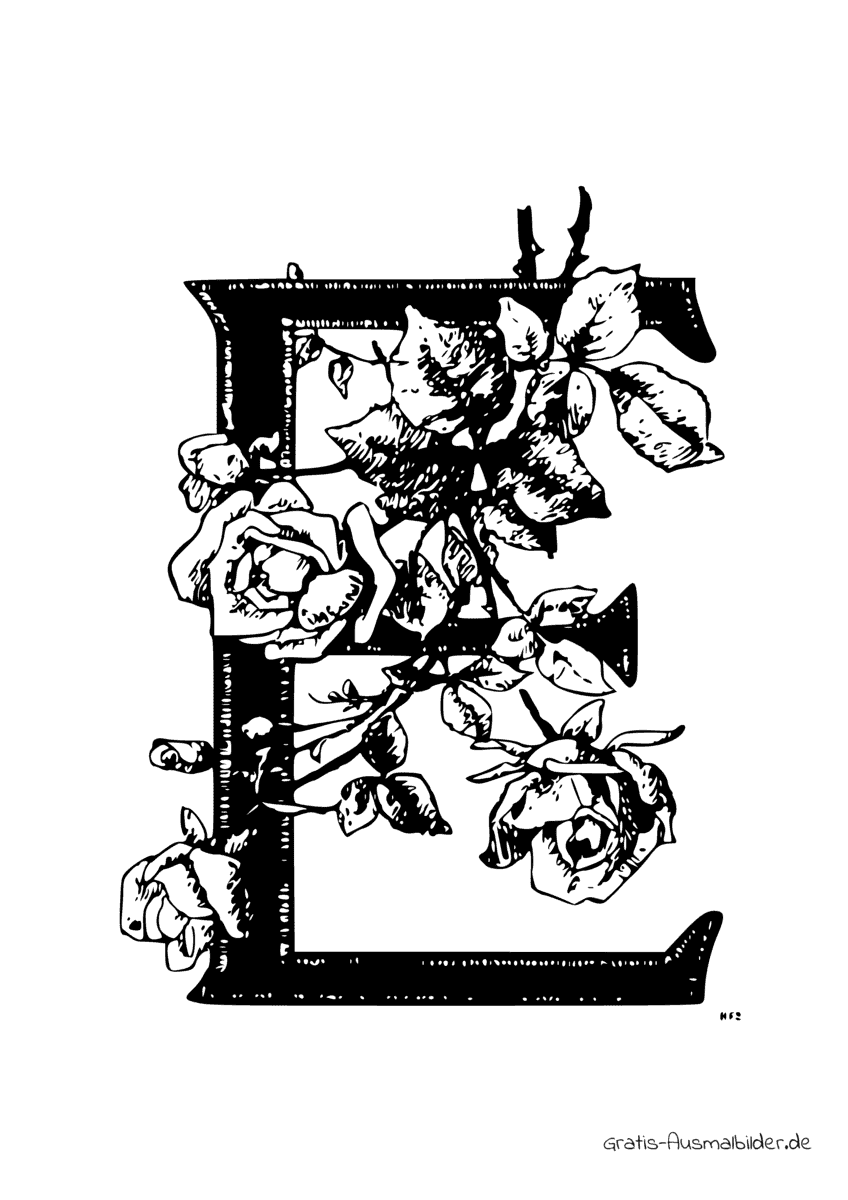 Ausmalbild E mit Rosen verziert
