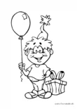Ausmalbild Fröhliches Kind mit Geschenk und Luftballon