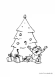 Ausmalbild Kind freut sich über Geschenke am Weihnachtsbaum