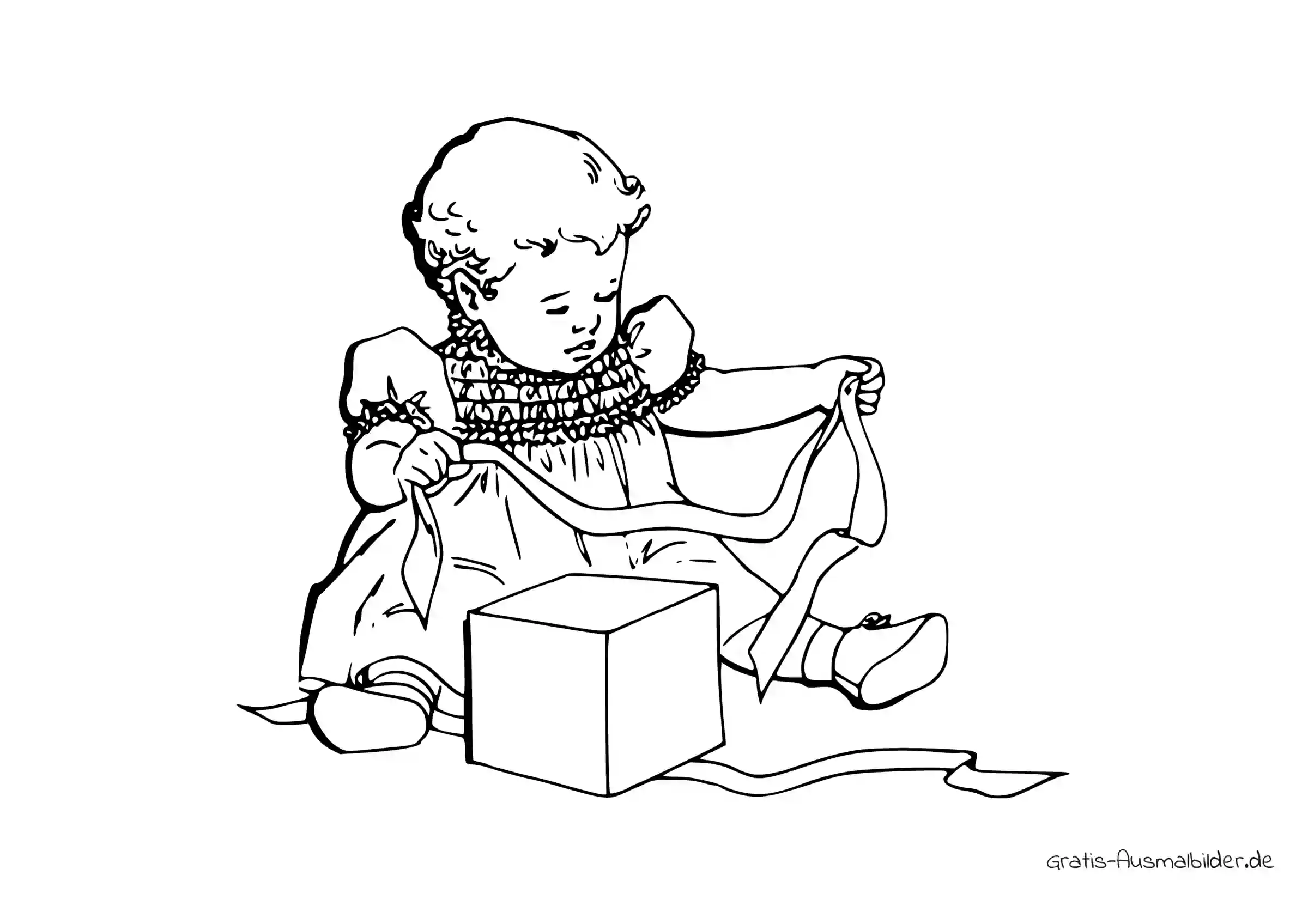 Ausmalbild Kind packt ein Geschenk aus