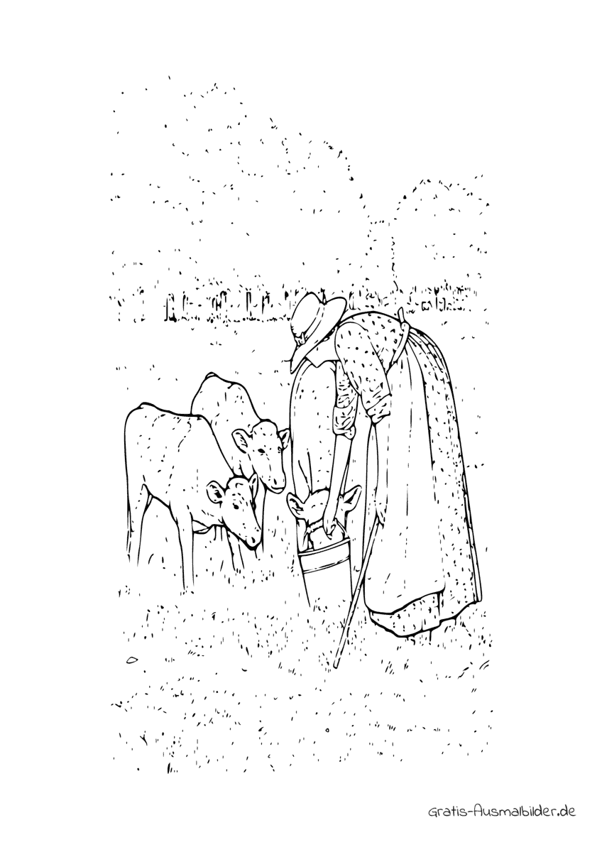 Ausmalbild Frau füttert Kühe