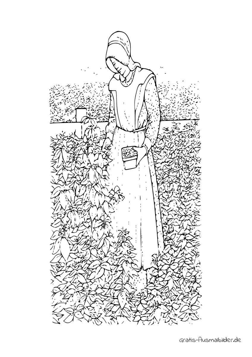 Ausmalbild Frau kümmert sich um Pflanzen