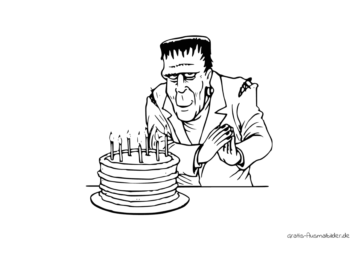 Ausmalbild Frankensteins Monster mit Torte