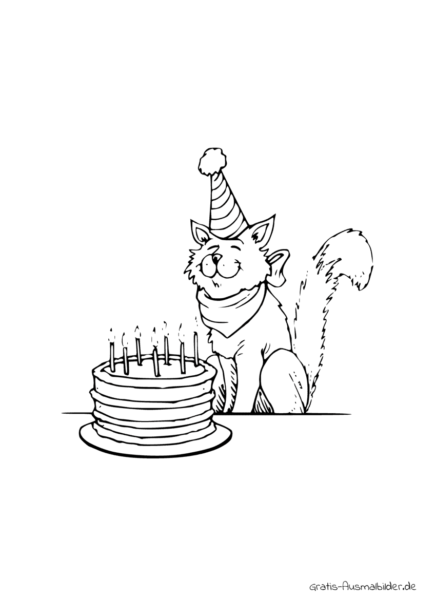 Ausmalbild Katze mit Kuchen und Kerzen