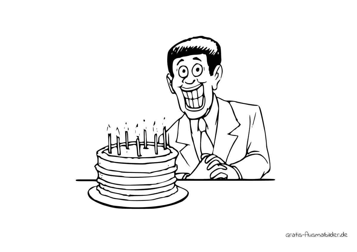 Ausmalbild Mann mit Kuchen und Kerzen