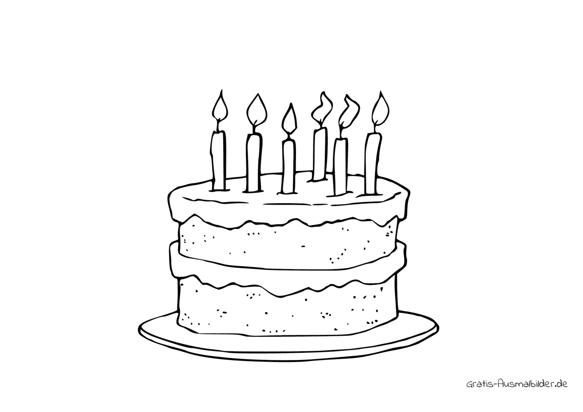 Ausmalbild Torte mit sechs Kerzen