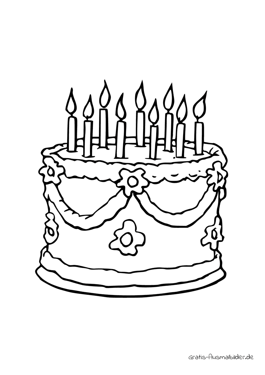 Ausmalbild Torte mit vielen Kerzen