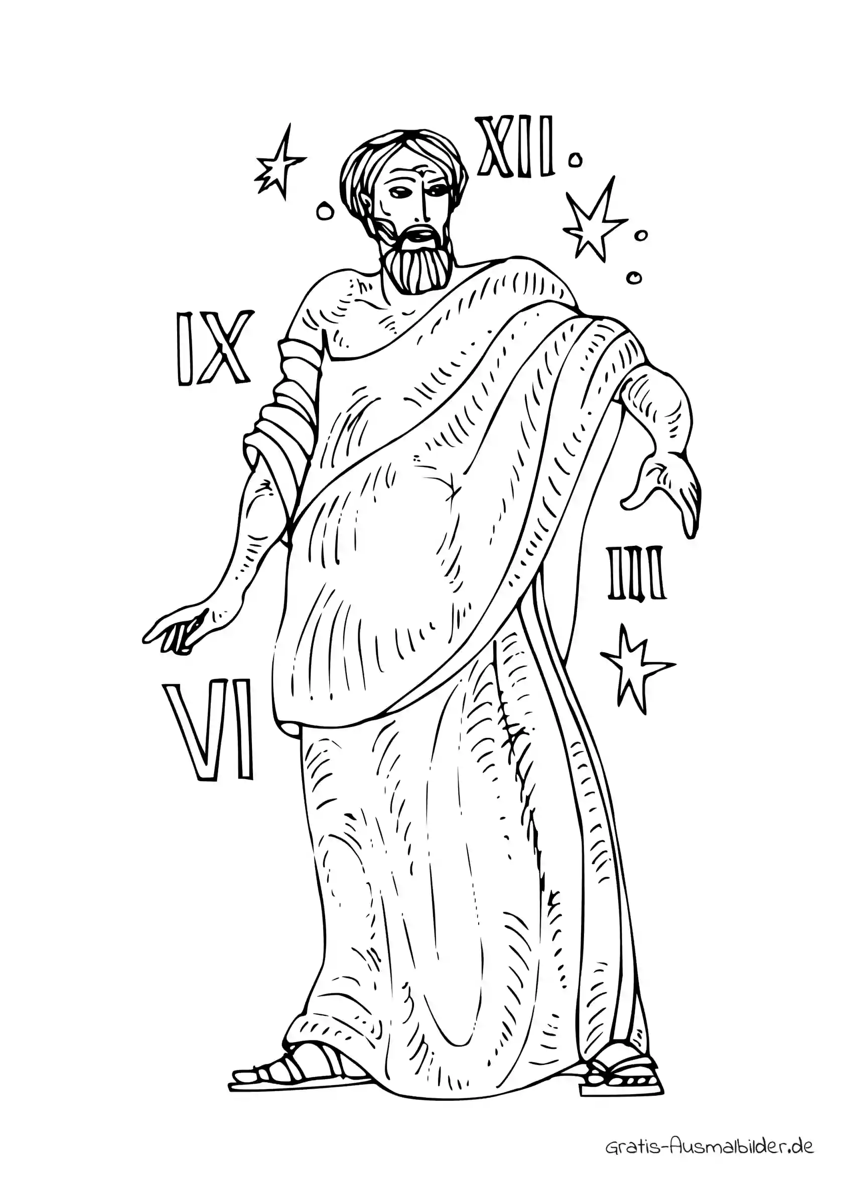 Ausmalbild Mann mit Uhrzeit und römischen Ziffern