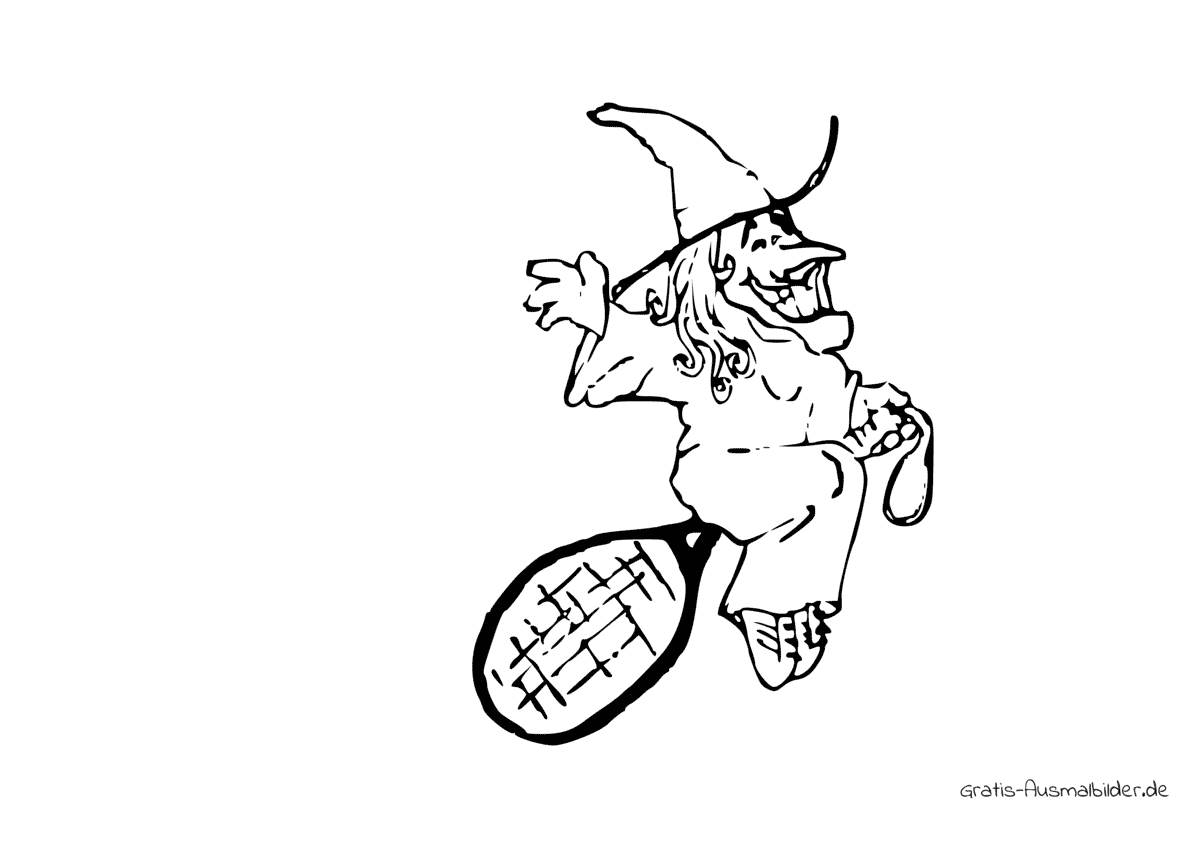 Ausmalbild Hexe auf Tennisschläger