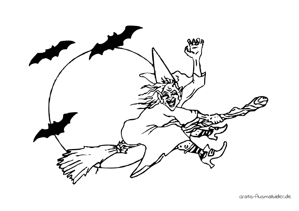 Ausmalbild Hexe mit Fledermäusen