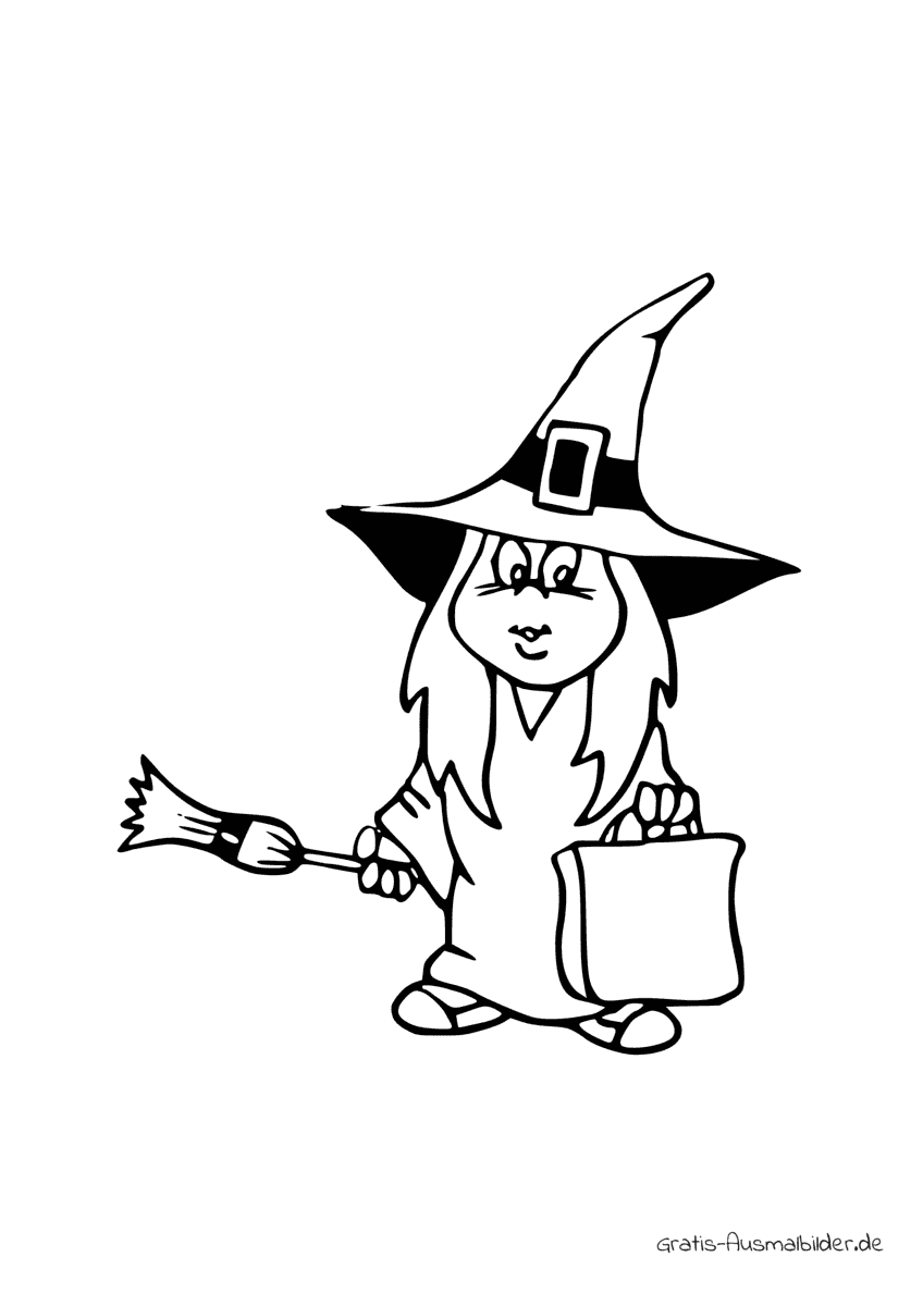 Ausmalbild Kleine Hexe mit Besen und Tasche