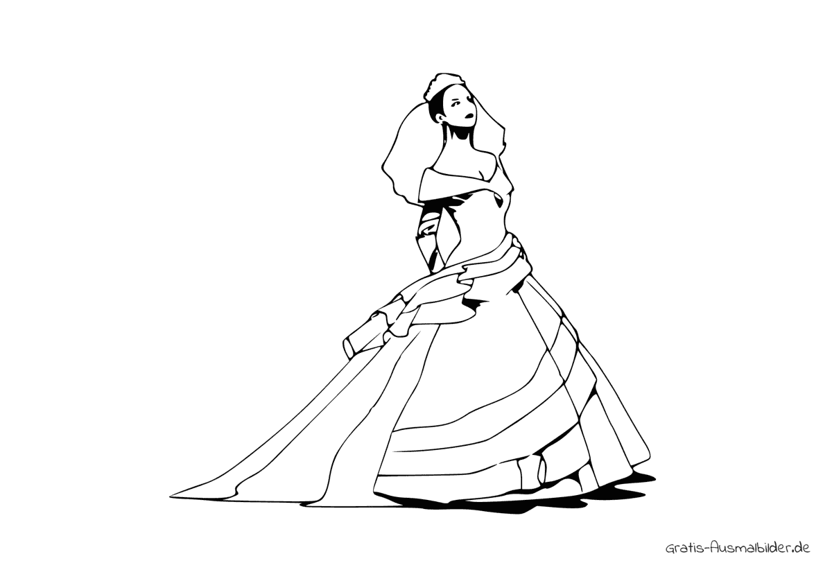 Ausmalbild Braut mit breitem Kleid