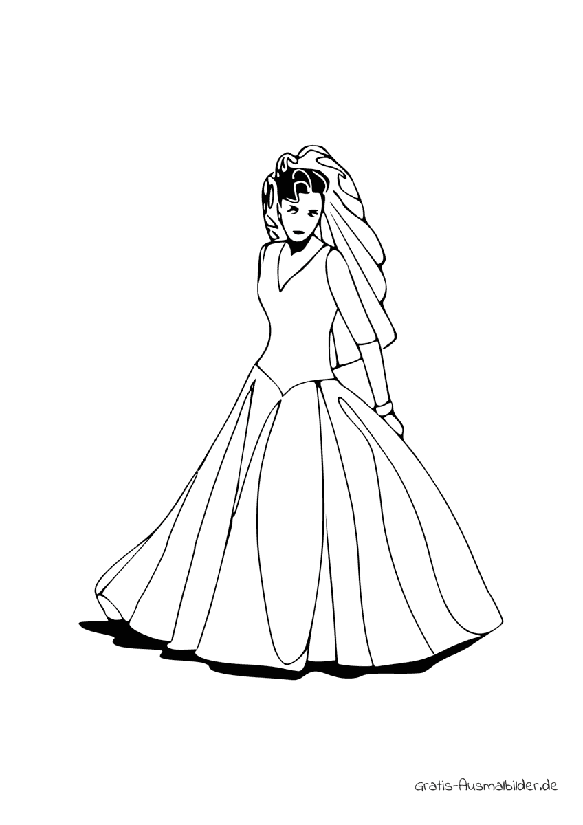 Ausmalbild Braut mit weissem Kleid