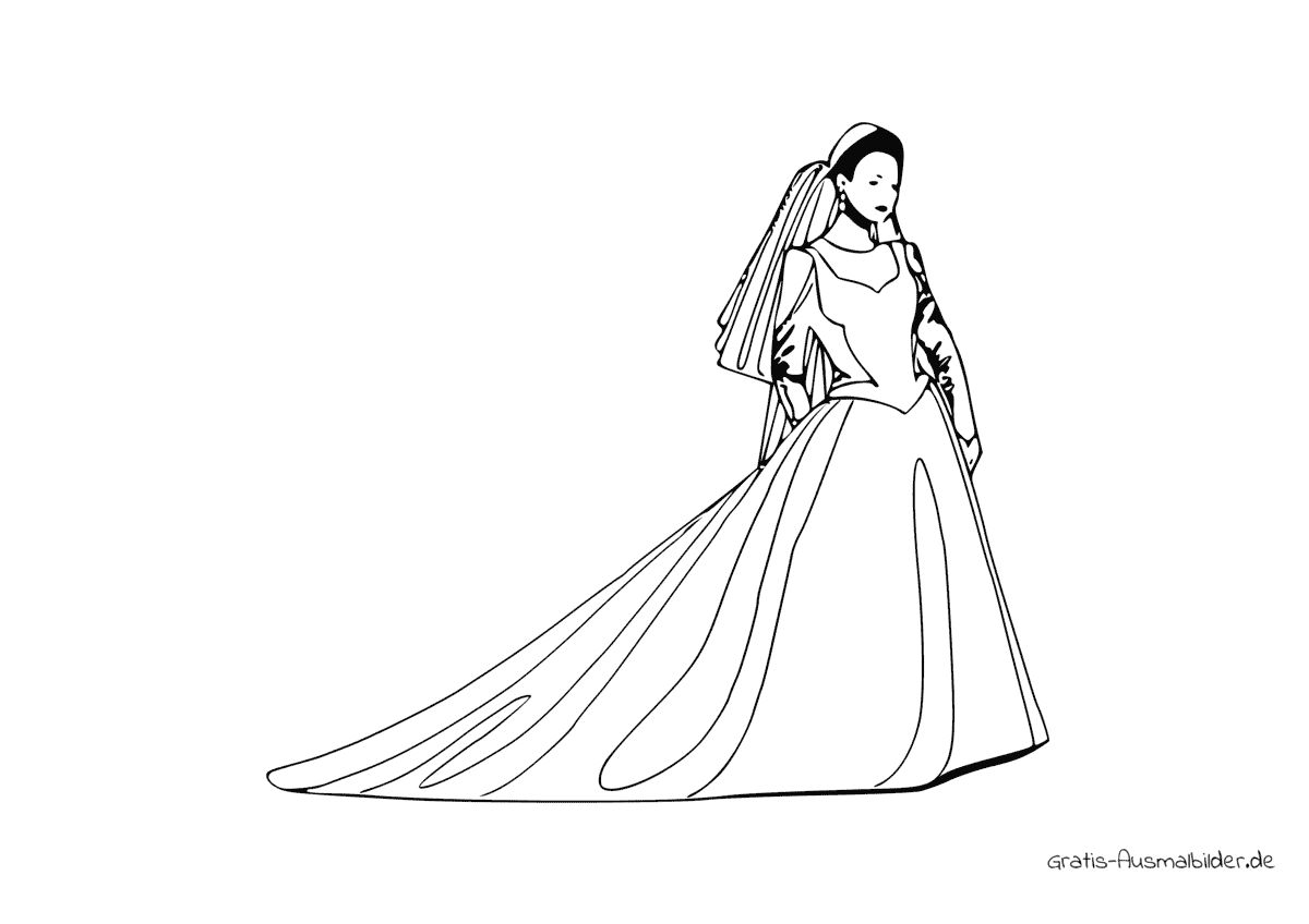 Ausmalbild Braut mit weitem Kleid