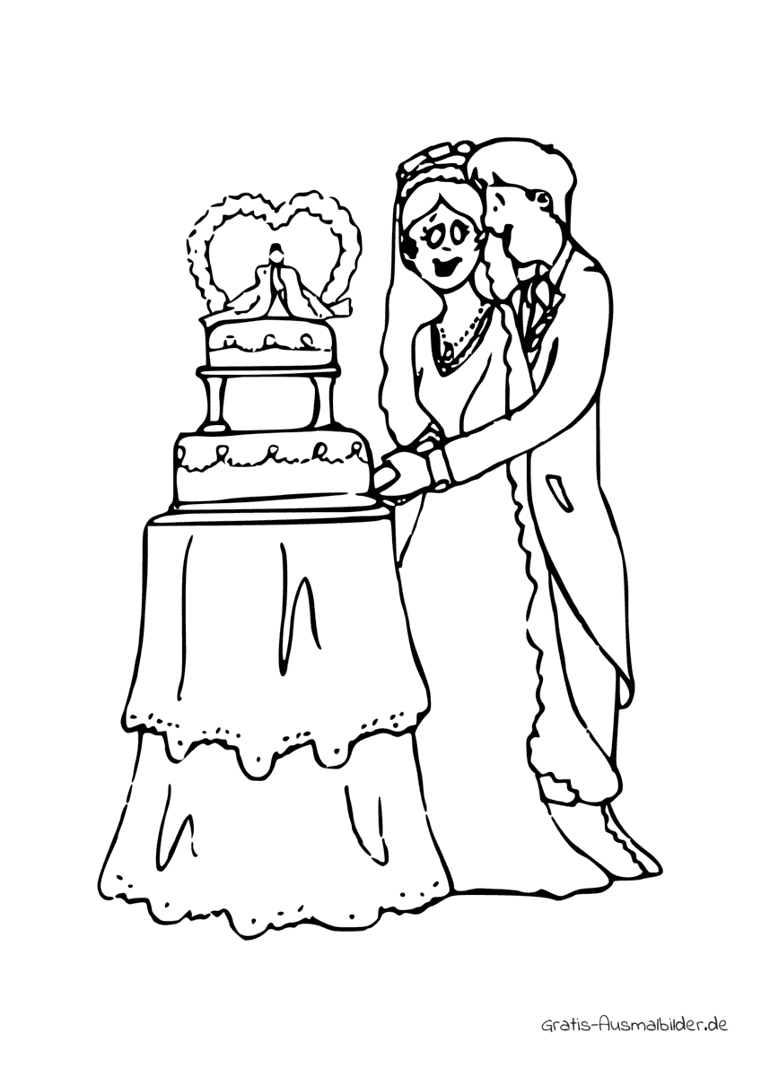 Ausmalbild Brautpaar schneidet Torte an