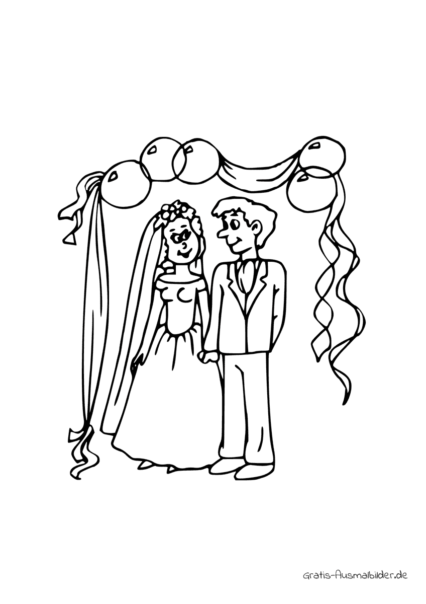 Ausmalbild Brautpaar unter Ballons