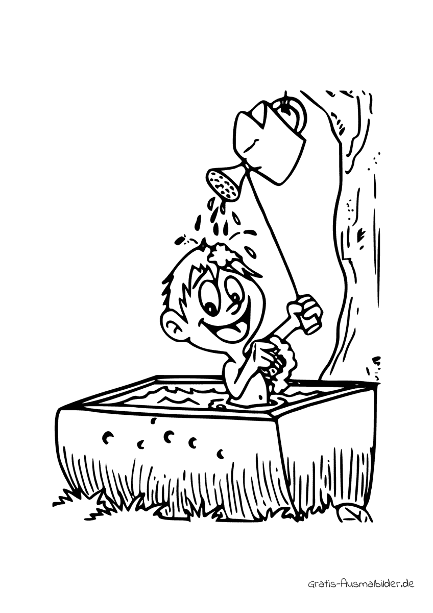 Ausmalbild Junge wäscht sich mit Giesskann