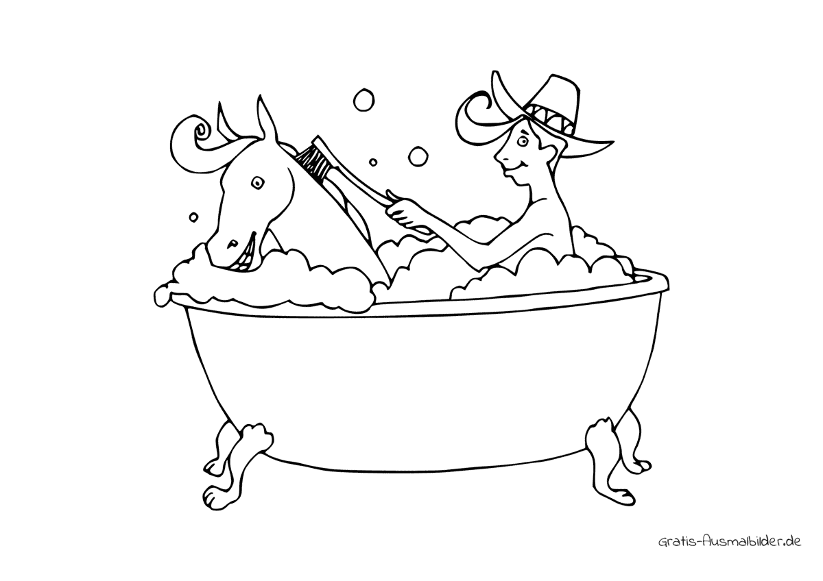 Ausmalbild Mann wäscht Pferd in der Wanne