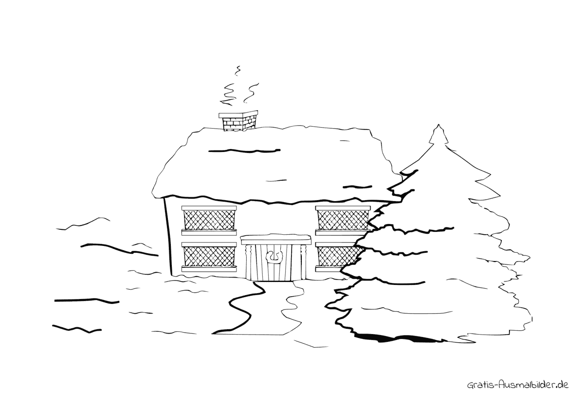 Ausmalbild Haus im Schnee