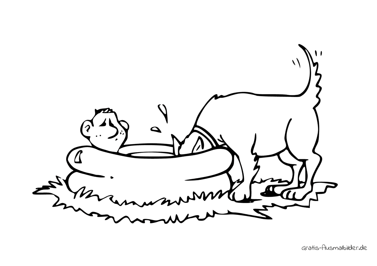 Ausmalbild Hund trinkt aus Planschbecken