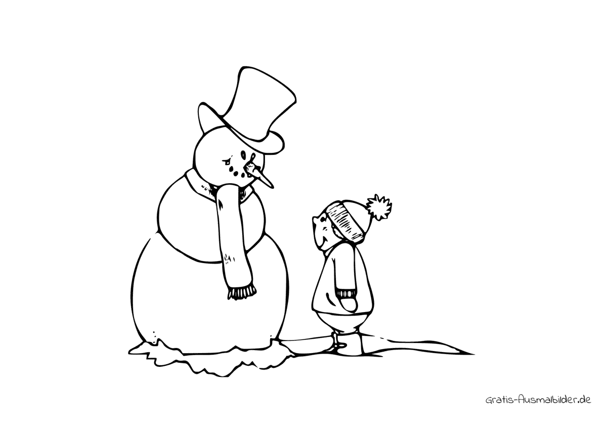 Ausmalbild Kleines Kind mit Schneemann