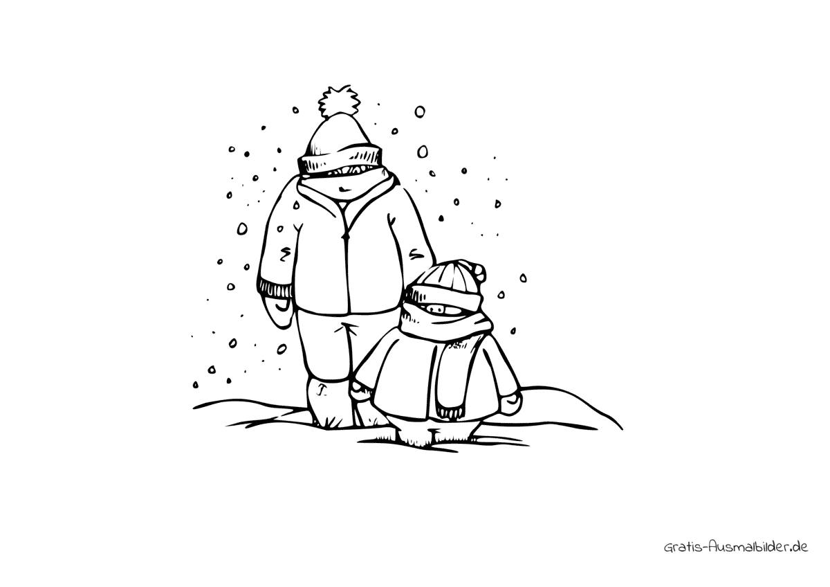 Ausmalbild Mann mit Kind im Schnee