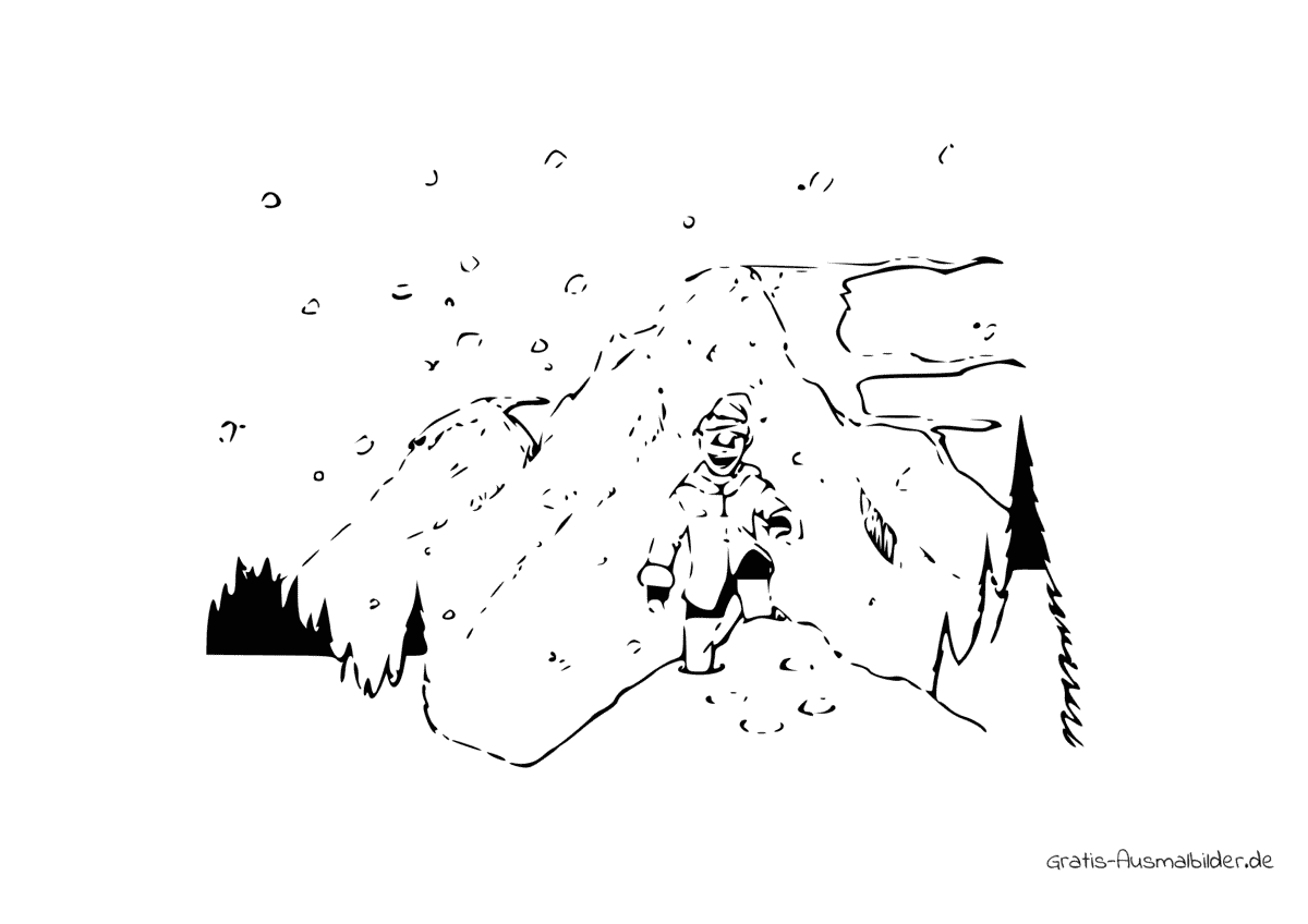 Ausmalbild Mensch wandert im Schnee