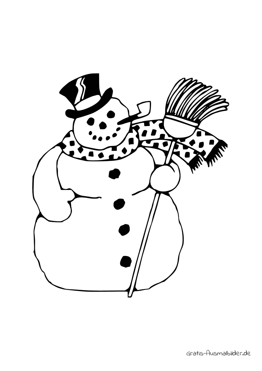 Ausmalbild Schneemann mit Pfeife und Bese